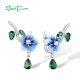 SANTUZZA 925 Sterling Silver Drop Earrings Green Stones White CZ Blue Flower Enamel Fine Jewelry