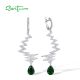 SANTUZZA 925 Sterling Silver Long Drop Earrings Green Glass White CZ Wave Shape Jewelry