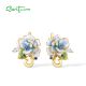 SANTUZZA 925 Sterling Silver Earrings Blue Blooming Flower Jewelry Enamel