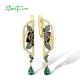 SANTUZZA 925 Sterling Silver Earrings White CZ Green Spinel Enamel Peony Gold Color Fine Jewelry