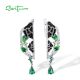 SANTUZZA 925 Sterling Silver Drop Earrings White CZ Black/Green Spine Enamel Peony Fine Jewelry