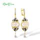 SANTUZZA 925 Sterling Silver Dangling Earrings Oriental Peony Flower White/Black Enamel Fine Jewelry