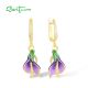 SANTUZZA 925 Sterling Silver Drop Earrings White Cubic Zirconia Purple Tulip Jewelry Enamel