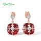 SANTUZZA 925 Sterling Silver Stud Earrings Red Stone White CZ Square Jewelry