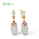 SANTUZZA 925 Sterling Silver Dangling Earrings Pink Red Stone White CZ Jewelry