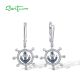 SANTUZZA 925 Sterling Silver Earrings Blue Nano White Cubic Zirconia Rudder Anchor Fine Jewelry