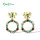 SANTUZZA 925 Sterling Silver Earrings Green Red Stones Unique Hexagon Christmas Jewelry