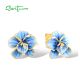 SANTUZZA 925 Sterling Silver Earrings White CZ Blue Enamel Blossom Flower  Fine Jewelry
