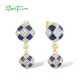 SANTUZZA 925 Sterling Silver Drop Earrings White CZ Blue Square Grid Enamel Jewelry