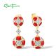 SANTUZZA 925 Sterling Silver Dangling Earrings White CZ Red Round Enamel Jewelry