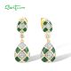 SANTUZZA 925 Sterling Silver Stud Earrings White CZ Green Pear Enamel Grid Jewelry