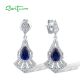 SANTUZZA 925 Sterling Silver Stud Earrings White CZ Blue Spinel Long Jewelry