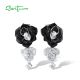 SANTUZZA 925 Sterling Silver Drop Earrings White CZ Black&White Chic Flower Enamel Jewelry