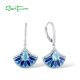 SANTUZZA 925 Sterling Silver Drop Earrings White CZ Blue Stone Fan Shape Jewelry