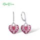 SANTUZZA 925 Sterling Silver Dangling Earrings Pink Stone Cute Heart Jewelry