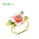 SANTUZZA 925 Sterling Silver Rings Blooming Pink Enamel Flower Garnet CZ Fine Jewelry 