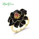 SANTUZZA 925 Sterling Silver Rings Black Enamel Lotus Flower Garnet Fine Jewelry 