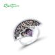 SANTUZZA 925 Sterling Silver Rings Black Spinel Amethyst White CZ Fan Shape Jewelry