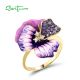 SANTUZZA 925 Sterling Silver Ring Amethyst Cubic Zirconia Enamel Flower Jewelry