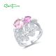 SANTUZZA 925 Sterling Silver Rings Created Pink Sapphire White CZ Leaf Ring Fine Jewelry