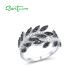 SANTUZZA 925 Sterling Silver Rings Black Spinel Leaf White Cubic Zirconia Plant Fine Jewelry