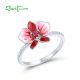 SANTUZZA 925 Sterling Silver Rings White CZ Created Ruby Flower Enamel Jewelry