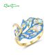 SANTUZZA 925 Sterling Silver Enamel Leaf Ring White CZ Green/Blue Spinel Fine Jewelry