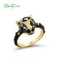 SANTUZZA 925 Sterling Silver Black Leopard Ring Green Spinel White CZ Animal Jewelry Enamel