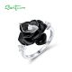 SANTUZZA 925 Sterling Silver Ring White CZ Black Flower Retro Style Enamel Jewelry