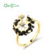 SANTUZZA 925 Sterling Silver Rings Sparkling White&Black Cluster Flower Jewelry